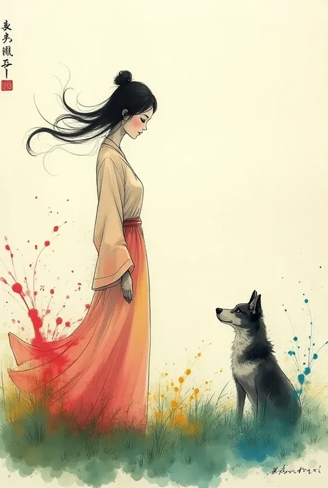 Ink painting of a woman and her dog in a field, splash red, blue, and yellow color splashes on the image