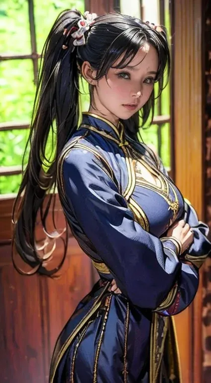 masterpiece, Best Quality, 4K, 8k, Fighter (dq3),  1 girl, Alone, Long Hair,  Twin Tails,  watching viewers ,  Black Hair ,  hair ornament,  long sleeve ,  dress,  medium chest,  closed mouth,  cowboy shot,  dark eyes, Chinese clothes, Hair Bobble, Clenche...