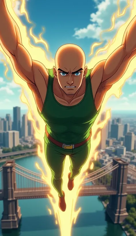 Bald Latino man with a green tank top flying with a golden alra on top of the Brooklyn Bridge Blue Eyes, anime, 