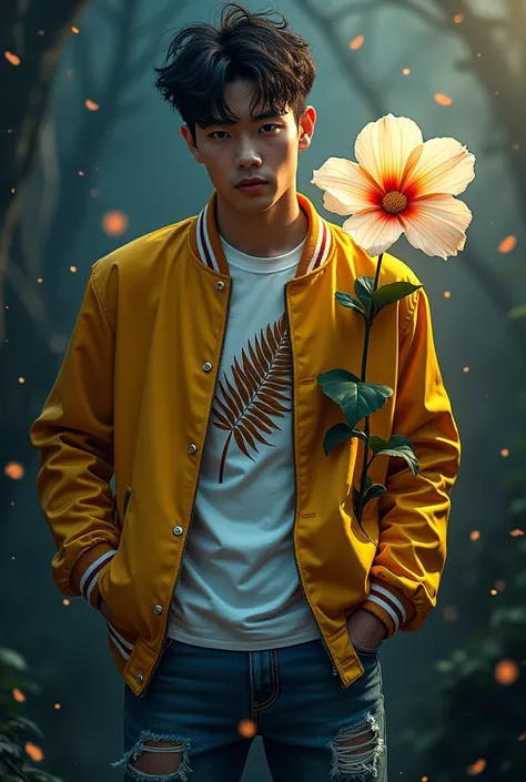   image made of ink droplets a full body close-up of a handsome young man with a trendy hairstyle masakini in black and black of Korean origin, wearing a yellow varsity jacket t-shirt with a fern leaf carving pattern  , and wearing ripped denkul print jean...