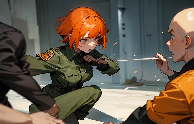  A girl with short orange hair dressed in military clothes, fighting a criminal man .