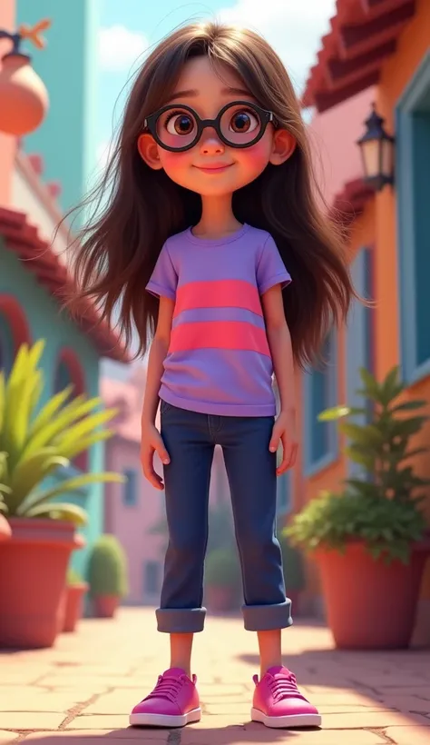 A girl 10-year with glasses with long dark brown hair, has brown eyes, wears a lilac shirt with coral pink stripes and navy blue pants and magenta shoes Disney Pixar