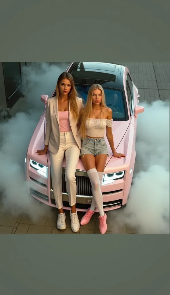       doing crazy things        , Fun,         Making a lot of money        ,
       Spacious
2 girls realistic girls    , One,     (     180 centimeters long      ),      straight volitional curvy to the ground 170 centimeters   ,       blonde with pink tips ,         height 182        , weight 52        ,  white lace blouse ,  pink sneakers
The second girl is wearing a classic white office suit with very long hair 

 model Ekaterina Enokaeva       ,   art,  , , ,    

 ,      young woman, прислоняется к автомобилюROLLS-ROYCE PHANTOM 2024, painted pink ,        looking up at the sky , camera tilt photo from sky to earth  ,         ,  thick fog
 white stockings
thick fog     ,
Kiev City , место РOneа Мать


    фотореалистичное 8k ультра качество     ,  
    young woman стоит лицом в кадре
2024 фото в киностиле     