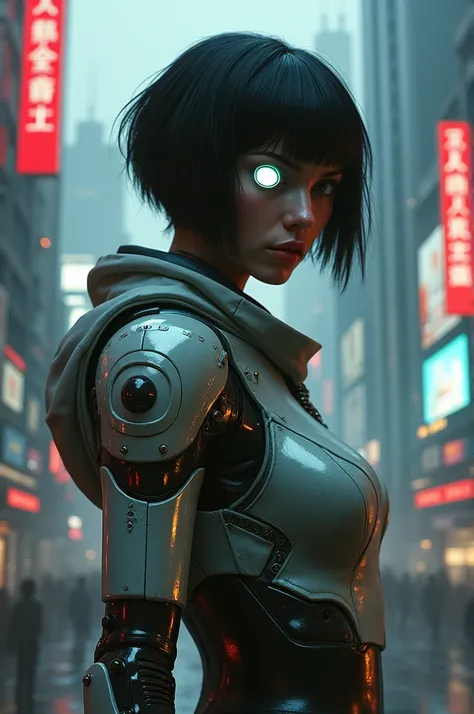 Female scientist with short pointed Chanel hair with direct mechanical arm and mechanical left eye cyberpunk