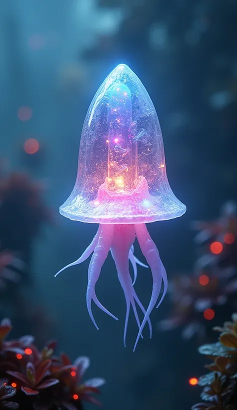 A translucent, prism-like alien creature named Nimbuspectra, floating in a high-gravity, dense atmosphere. Its body resembles a crystal bell with vibrant, spectral colors reflecting off its surface. Below the bell, short and thick tentacles stabilize it as...