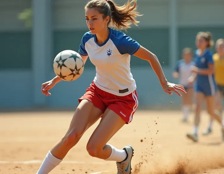 full-body teenage woman playing handball with white t-shirt with blue sleeve details and white stars,  red shorts above the knee , Sports shoes, Jumping with the ball in hand attacking.