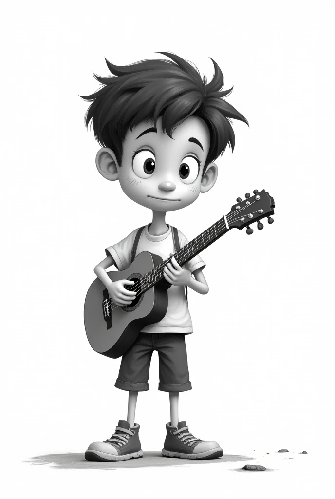 2D cartoon image of boy playing guitar in black and white