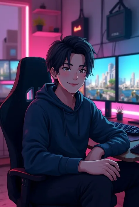 (a man, 20 years, player, streamer,  Anime style:1.1),( best quality , 8k,  high resolution , realistic:1.2):  Sitting in front of his gaming equipment, um jovem de 20 years,  passionate about games , Use a ,  black hair , strong, high,  short hair, beauti...