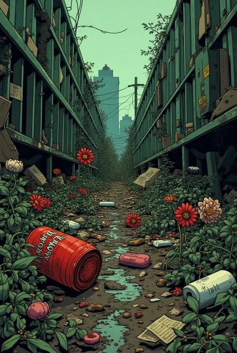 A bands poster showing a dumpster yard with dead and whithered flowers among the trash and filth scattered on the ground, the bands name is " Critically Yours" the songs name is " Flowers Dont Grow in Dumpsters" 
