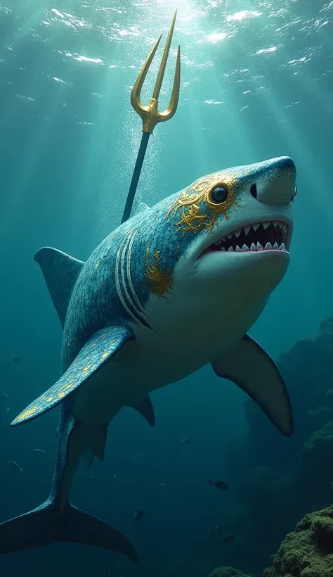 "A hybrid of Aquaman and a great white shark, with a shark’s body featuring golden accents and a trident incorporated into its dorsal fin. The face merges human traits with the shark’s predatory gaze. Ultra-detailed, photorealistic, vibrant underwater colo...