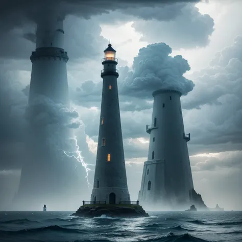  Imagine a huge architectural lighthouse Ancestor rising in the middle of a vast lake of ultraviolet waters,  with a strange and almost supernatural glow .  The dense fog envelops the entire landscape ,  transforming the surrounding shapes into indefinite ...