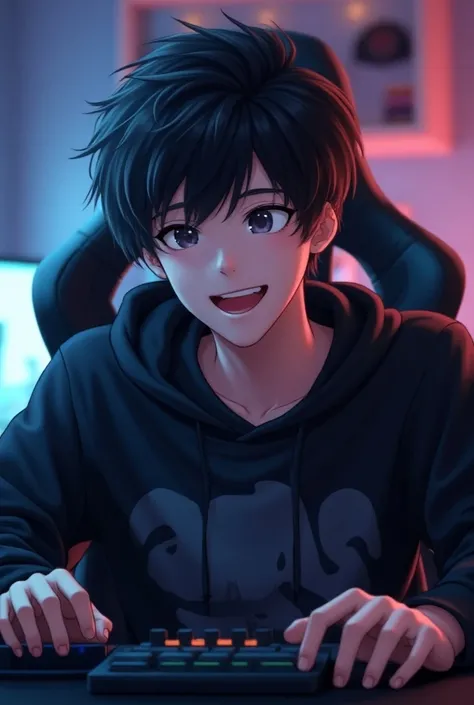 (a man, 20 years, player, streamer,  Anime style:1.1),( best quality , 8k,  high resolution , realistic:1.2):  Sitting in front of his gaming equipment, um jovem de 20 years,  passionate about games , Use a ,  black hair , strong, high,  short hair, happy ...