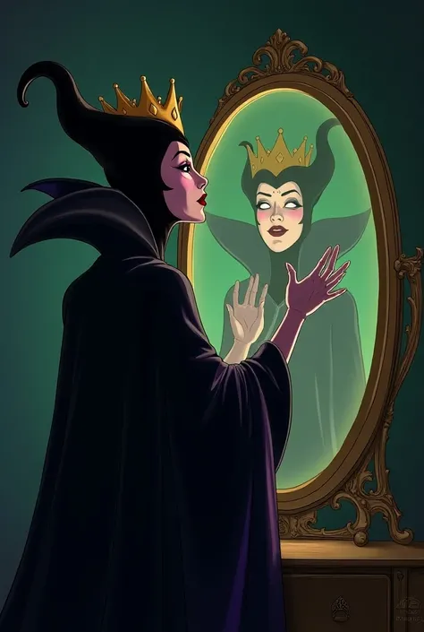 grimhilde, 1girl, cape, cloak, crown, dress,  makeup, retro artstyle, robe, (solo), from behind, magic mirror, hands against glass, kissing mirror, head against glass, pointed lips, about to kiss,
score_9,score_8_up,score_7_up,source_cartoon,
