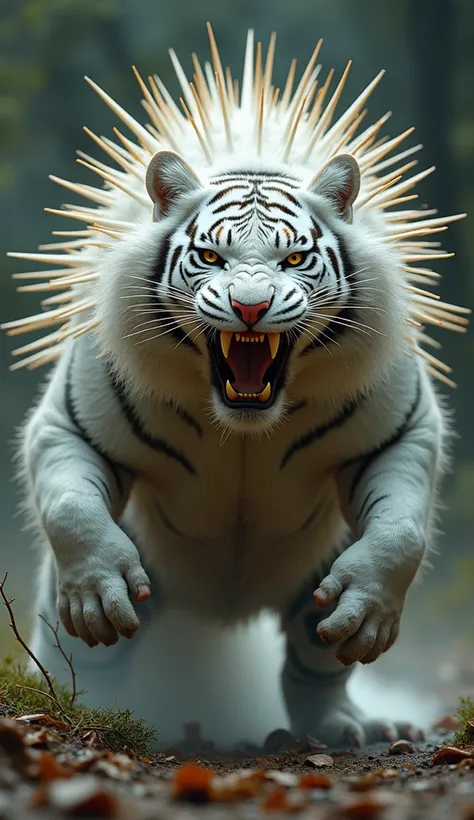  create a realistic photo image of a hybrid creature combining the elements of a porcupine,  a white tiger and a crocodile ,  the creature has the body of the tiger , The scales and color of the crocodile and the thorns of the porcupine all over the body, ...