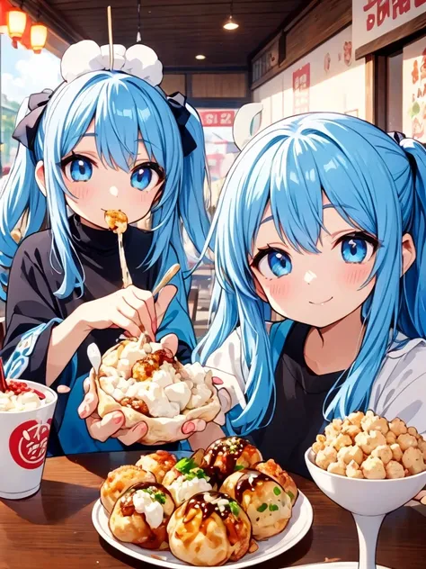 Light blue long hair、  there is a large piece of twin-tailed little character、They are eating takoyaki deliciously、 with an extraordinary smile、delicious