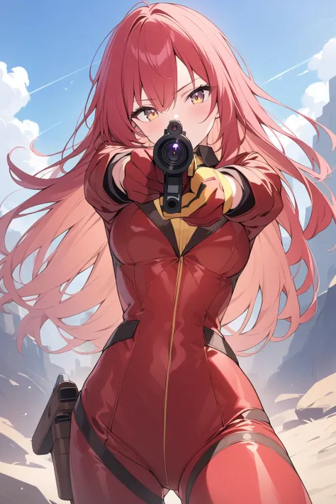 Masterpiece, solo, half body, 1girl, red hair, long hair, leather red suit with gloves, integral suit, yellow strap on the suit, red gloves, holding gun, detailed background, outdoors, looking at viewer, aiming at viewer, view from under.