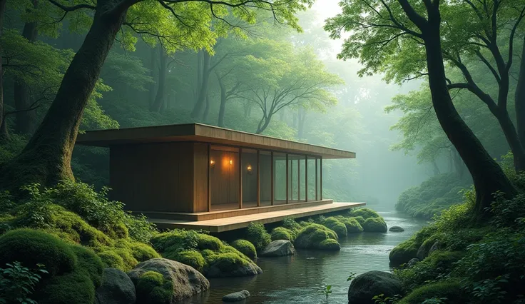 surreal atmosphere, Zen house in the middle of the forest