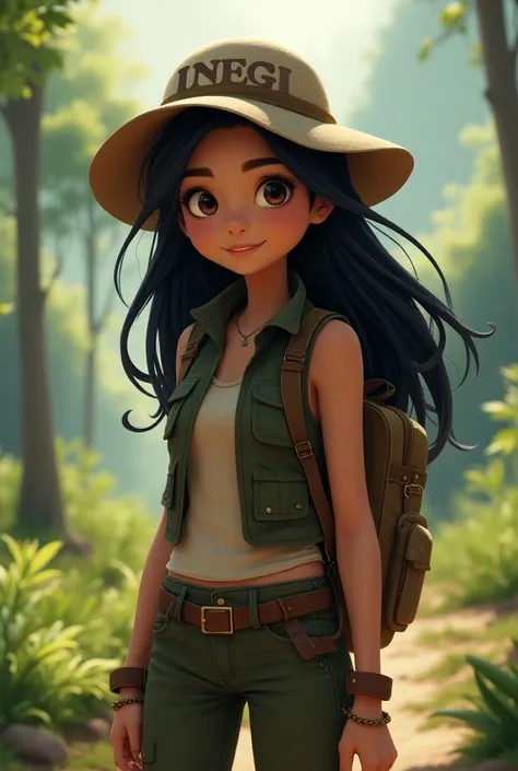  Animated beautiful black-haired girl, with vest besh ,  travelers backpack , with a tent in his hand and a hat with the letters "INEGI "  in large .