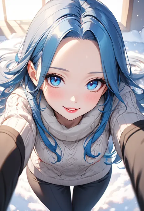 (beautiful and delicate), (immensely beautiful illustration), (solo, , pov, frontale), ((beautiful forehead)) (beautiful vivid blue hair beauty long hair), (best cute girl), (best cute blue eyes) (beautiful glossy lip) ((beauty makeup)), (love smile), (bes...