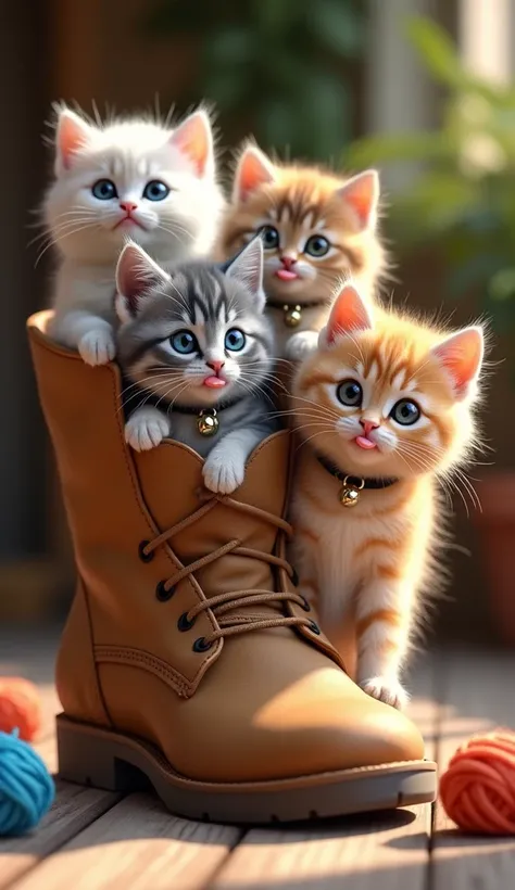 "Create an image of four adorable, fluffy kittens sitting together inside a large, rustic brown boot. Each kitten has unique fur colors: one with creamy white fur, another with gray and white fur, a third with light orange tabby fur, and a fourth with soft...