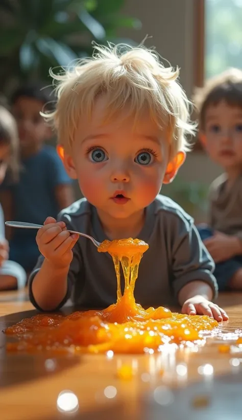 Now a blond boy with blue eyes looking at the camera eating the remaining jelly that was on the floor of planet Earth with a spoon and with a surprised expression and the other people in the background seeing that there is almost no jelly left, 4k quality ...