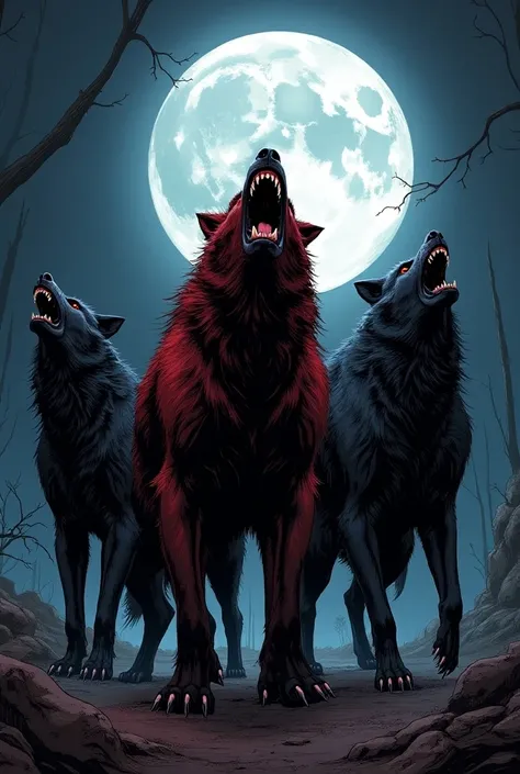 Werewolves with black and red hair howling at the full Moon manga style