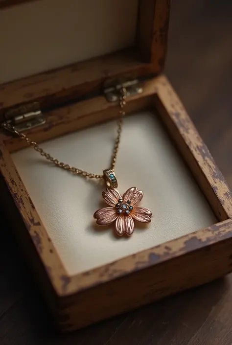 A necklace in the shape of a cherry petal, dans un ecrin en bois un peu ancien 