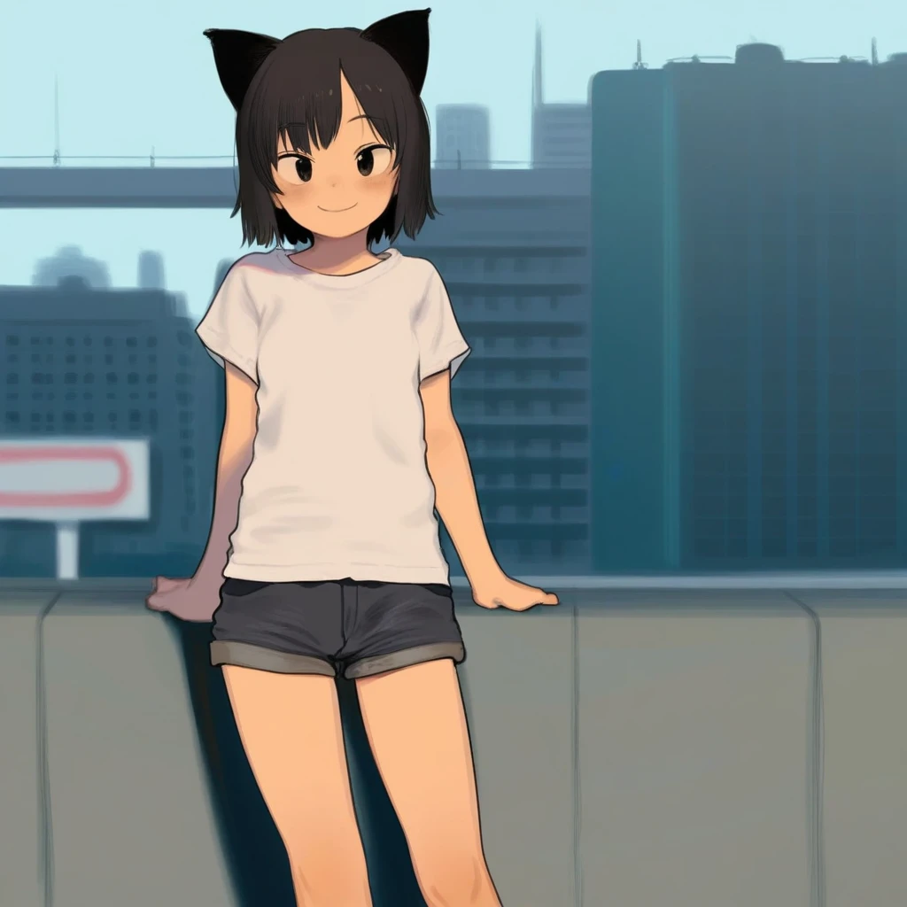 1girl, best quality, (2equal8:0.7), cat ears, shirt, shorts, city background, smile