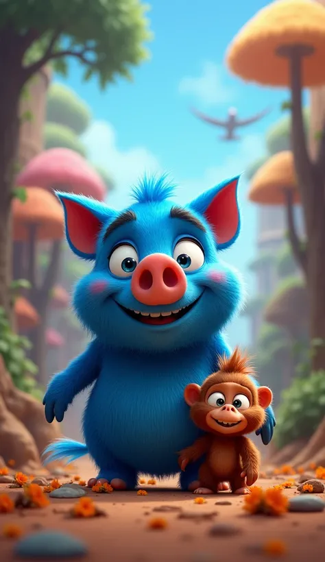 movie poster of a blue debuso piggy with an orangutan friend 