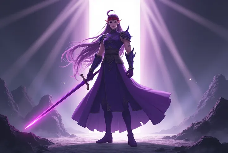   masterpiece  ,best quality,height,ultra-detailed,Yuki (star),Pointed ears,Long hair,Ahogge,red headband, Leonard ,Purple Open Shoulder Steel Armor, Purple Sleeve ,Split arm,Purple gloves,  Classic Purple Longsword  ,belt,Long skirt,(Purple Skirt :1.2),Bo...