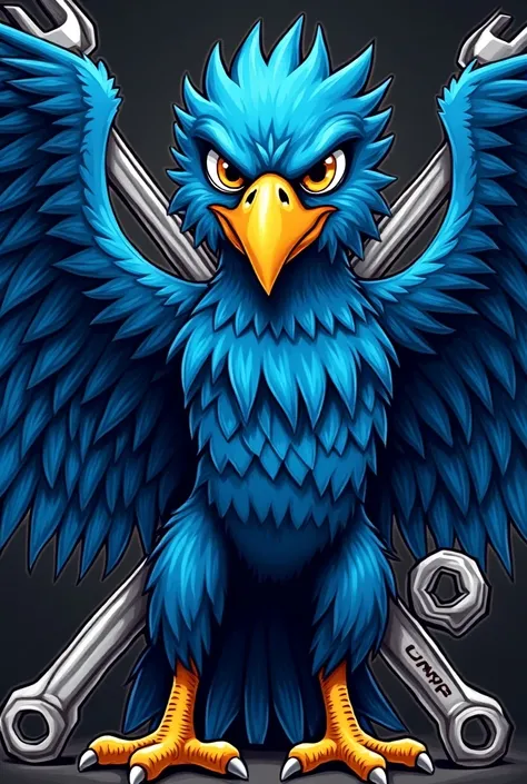 A macho cartoon blue eagle holding tool wrench in his left wing and holding a tool box in right wing with a back ground crossing bolt and nuts
