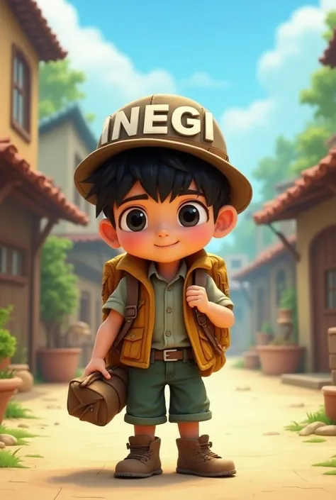 Animated black-haired boy, with vest besh ,  travelers backpack , with a tent in his hand and a hat with the letters "INEGI "  in large , With the background of a small town.