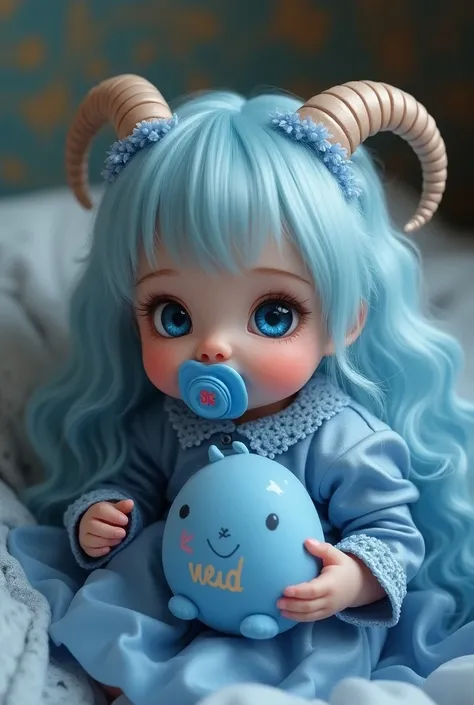 Create Magic the Gathering style a beautiful and cute little baby with long light blue hair with big blue eyes wearing a blue velvet dress with ornaments with a shimmering blue pacifier in her mouth holding a blue plush goat in her hand written on his bell...