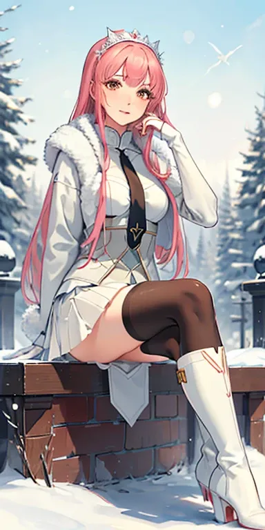 (masterpiece,  Side Lighting , Exquisite and Beautiful Eyes : 1.2),  glowing eyes, Sparkling Hair, Glowing Skin, Alone,  is embarrassing, Maeve (destiny), Outdoor, clock, white clock,  Fur Trim,  knee-high boots, snow, street, lamp post, full body, nsfw, (...