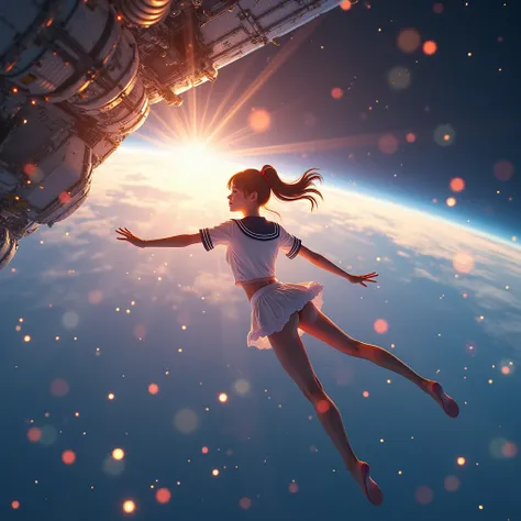 Haunting Live-Action, Extremely Detailed Innocent JK Diving from ISS. Magic Hour Miracle, Sparkling, LifeLike Rendering, MotionBlur, (XLabs F.1 Realism LoRA V1), White Sailor Uniform with Thongs, Red Ribbon Ponytail hair fluttering in the wind, Professiona...