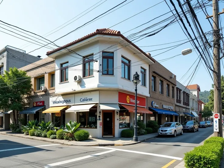 The image is a street photograph depicting a scene from a small urban neighborhood. The layout presents the intersection of streets with a few cars traveling on it. In the block on the left there is a building and a landscaped garden on the adjacent sidewa...