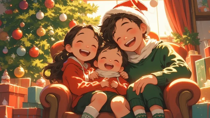 （masterpiece、  high quality、High image quality、４k,８k、）、 The cute mom and boy(1 person) and dad are sitting on a chair 、 souvenir photo、 Dad is a Santa hat and woolen socks（ green and white border pattern ）、Everyone has the best smile 、The Christmas tree is...