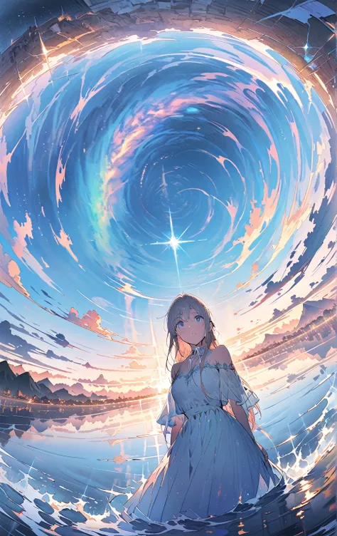  official art, Integrated 8K Wallpaper ,   very detailed,  masterpiece,    best image quality，Ultra Wide Angle， Knight ， Girl bust up,Cleanse your face ，Standing by the salt lake，The water is like a mirror，Reflecting the sky, looking up at the sky ， The Mi...