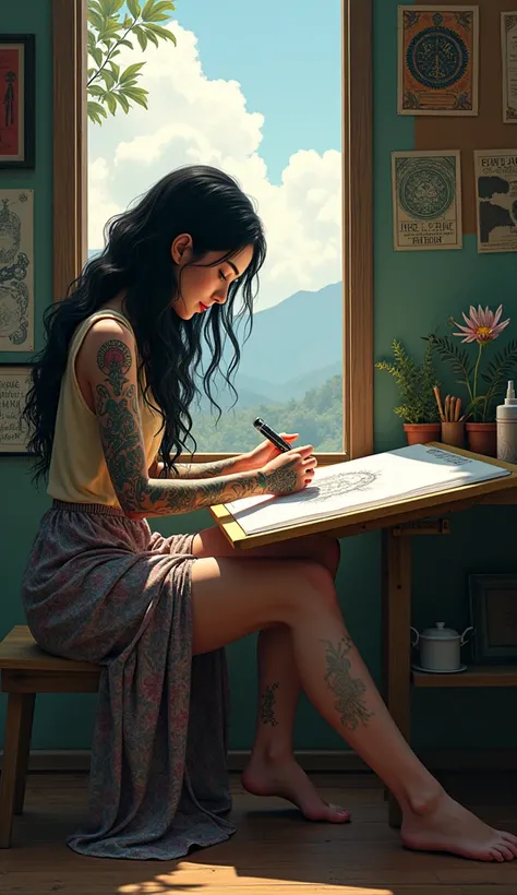  Tattooist wearing a long floral skirt ,  her hair is long wavy black .
 She is in a small mystical tattoo studio .
 She has tattoos on her hands and body . 
 She wears a closed sleeveless blouse . 
 She is sitting on the chair next to the tattoo stretcher...