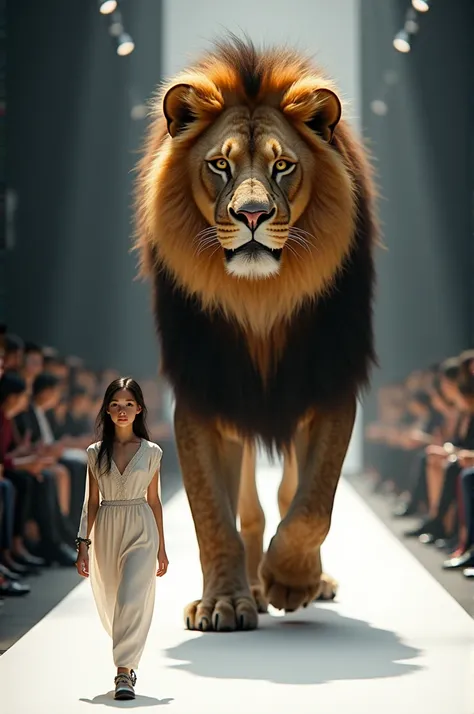 Small  on a catwalk parading alongside a giant lion