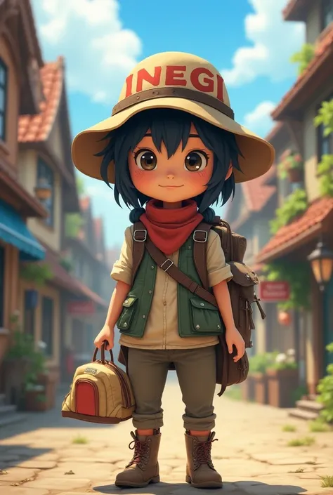  Animated black-haired girl, with vest besh ,  travelers backpack , with a tent in his hand and a hat with the letters "INEGI "  in large , against the background of a small town .