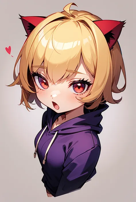  1 girl,  shortcut , Blonde, Red eyes, Cat ears, Best Quality, Character portrait,  illustration style, Purple hoodie, high resolution on down,  open your mouth ,  simple background,  character design drawing,  Short Hair