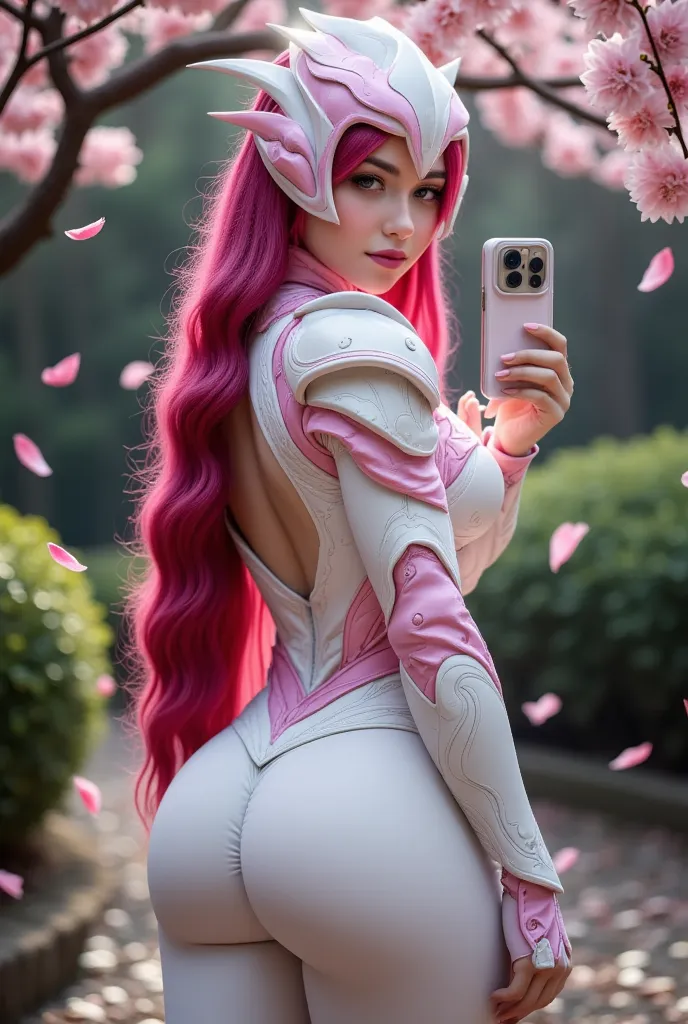 butt mirror selfie, elegant warrior woman from the sakurianas species, hourglass bodyshape, wearing a unique armor that reflects...