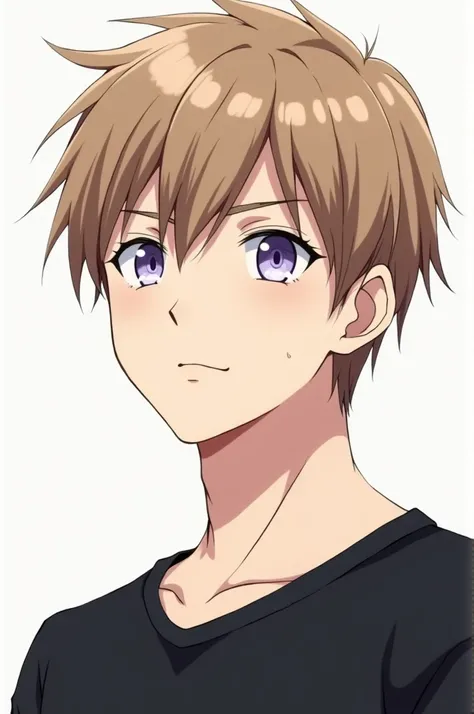  Anime comic panel of a boy who is an adult,With eyes lila ,light brown hair,piel Blanca,with a black shirt, is very handsome her face .