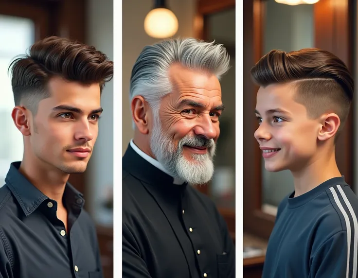 An image divided into three ,  each showing a different haircut style ,  sections in the style of a barbershop catalog . To the left,  a young man with a modern undercut cut ,  short hair on the sides and longer on the top , hairstyle with texture and fixa...