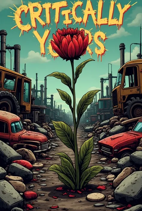 A bands poster showing a junk yard, the bands name is " Critically Yours", and the songs name is " Flowers Dont Grow in Dumpsters" 
