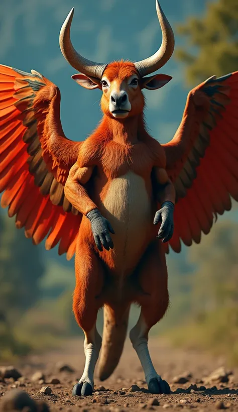  create a realistic photo image of a hybrid creature combining the elements of a kangaroo, a macaw and a bull ,  the creature has the body of a kangaroo ,  muscles and horns of a bull and the wings of a macaw ,  the creature is furious 