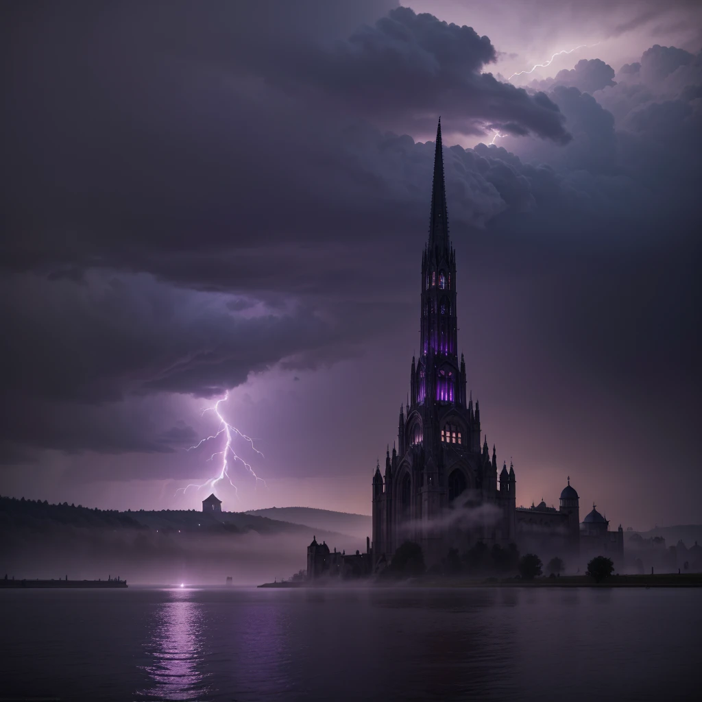  Imagine an enigmatic city of ancient architecture erected amidst a vast lake with dark purple waters that shine lightly under a dense and mysterious fog.  In the heart of the city ,  an immense tower rises imposingly ,  its structure stands out at the cen...