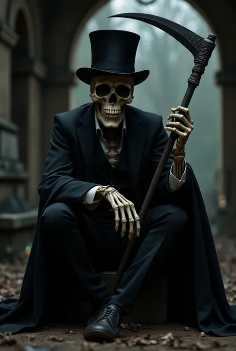 Create a skull-headed man wearing a black top hat ,  wearing black clothes and holding a sickle sitting in a catacomb in the cemetery, without trees  