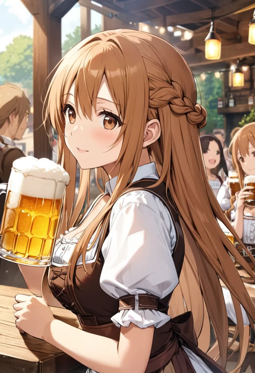 asuna \(sao\), bangs, braid, brown eyes, brown hair, long hair、dirndl, holding cup, beer mug, short puffy sleeves